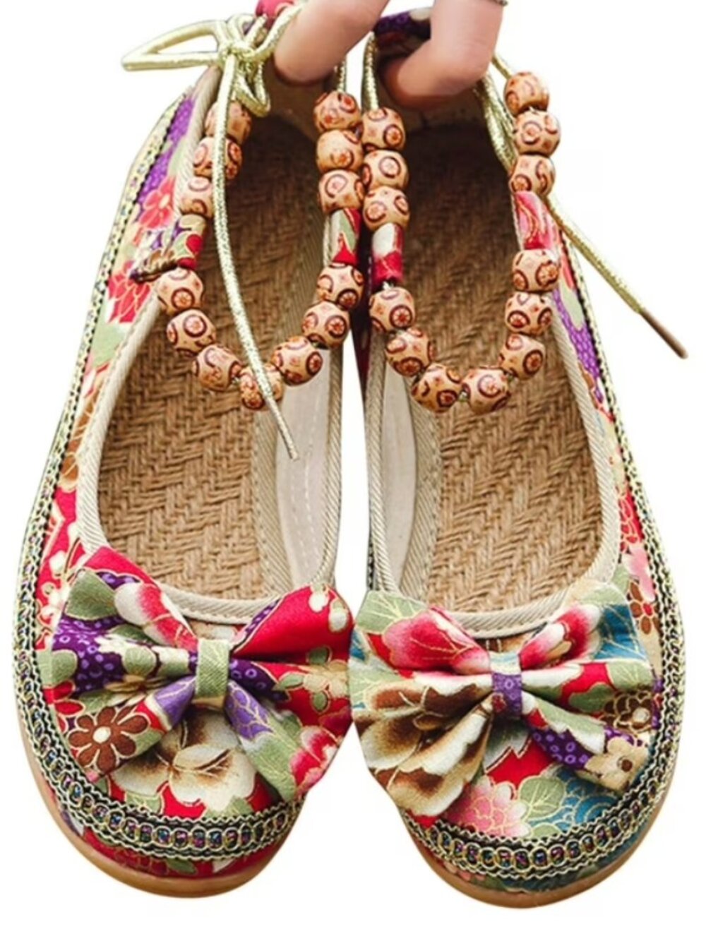 Boho Tribal Floral Ballet Flats Beaded Ankle Tie Rhinestone Embellished SZ 41